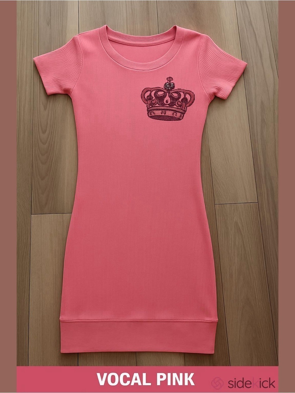 Vocal Pink Ribbed Dress Short Sleeve Embellished Crown
